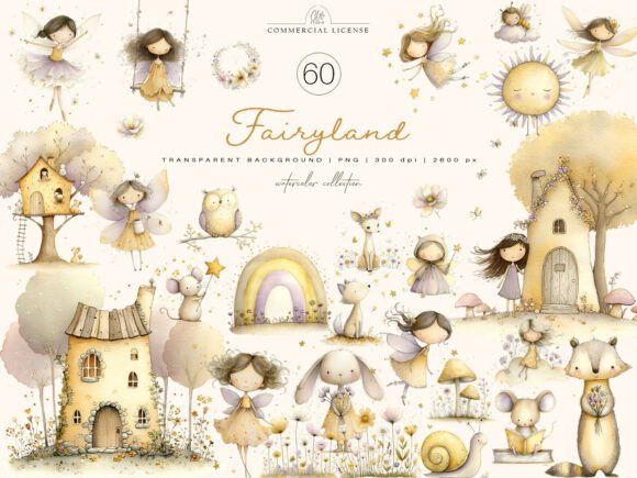 60 PNG Fairyland Watercolor Clipart