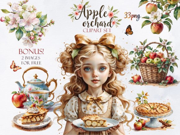 Apple Orchard Watercolor Clipart Bundle