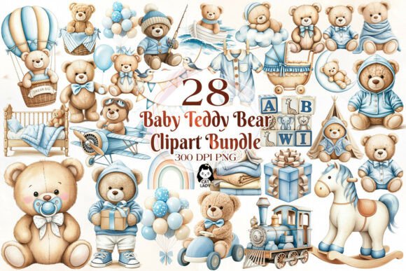 Blue Baby Teddy Bear Watercolor Clipart