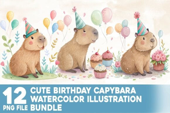 Cute Birthday Capybara Watercolor Bundle for Creative Projects