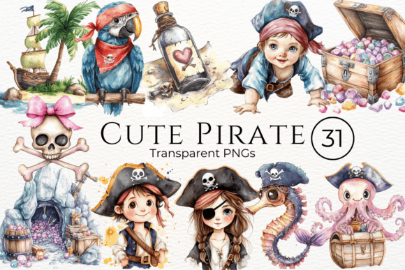 Cute Pirate Watercolor Cliparts