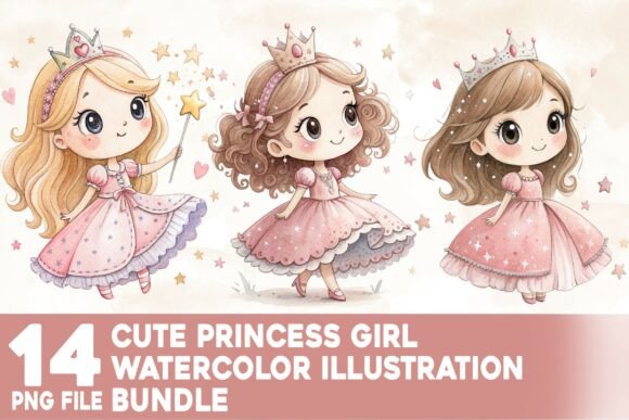 Cute Princess Girl Watercolor Bundle