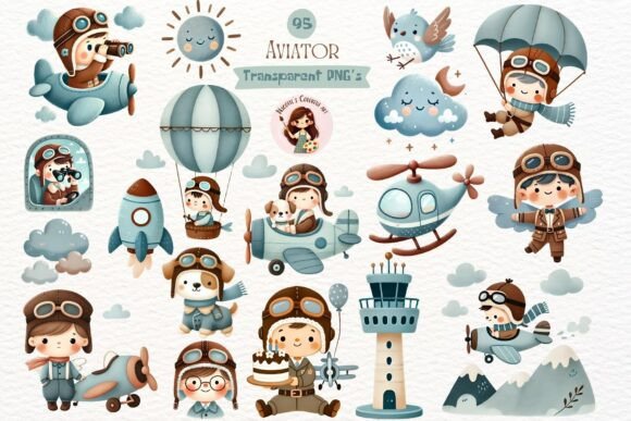 Cute Watercolor Blue Aviator Clipart