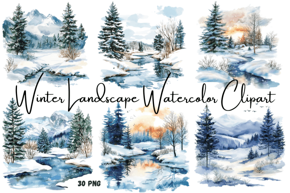 Elevate Projects with Watercolor Winter Landscape Clipart