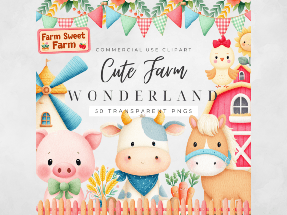Farm Animals Clipart Watercolor Kids PNG
