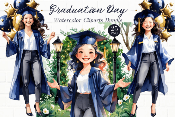 Graduation Girl Watercolor Clipart Set for Celebratory Design Projects