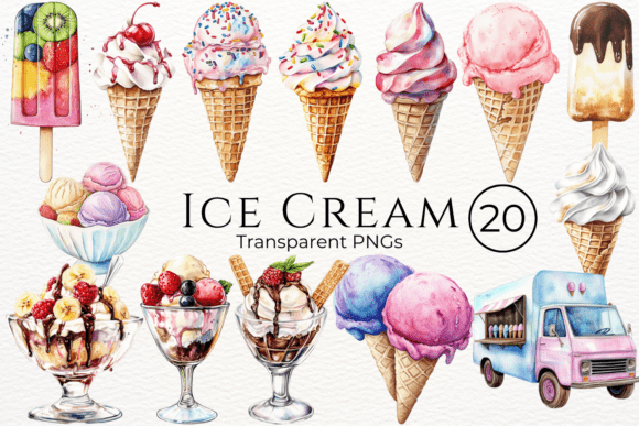 Ice Cream Watercolor Cliparts: Sweet Visuals for Branding and Design
