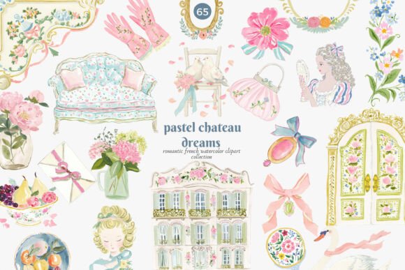 Pastel Chateau Watercolor Clipart for Branding and Design