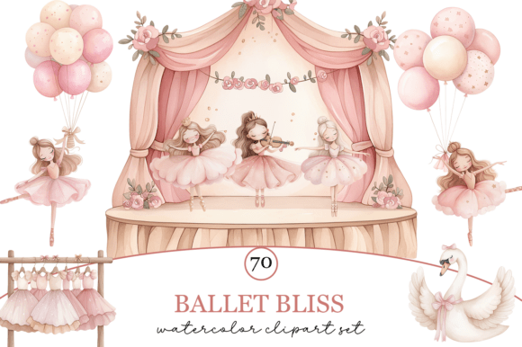 Pink Ballerina Watercolor Clipart Bundle