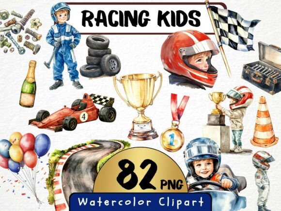 Racing Kids Watercolor Clipart 82 Pngs