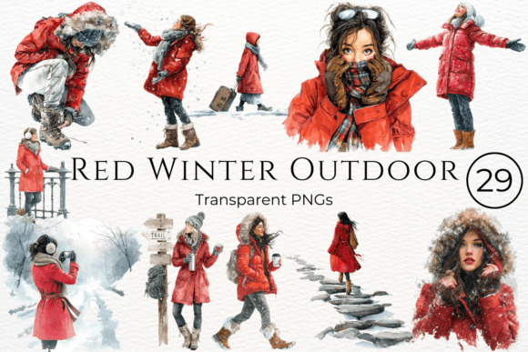 Red Winter Outdoor Watercolor Clipart