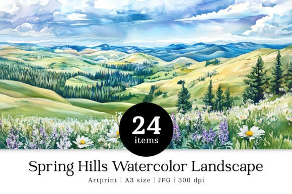 Spring Hills Watercolor Landscape A3 Art