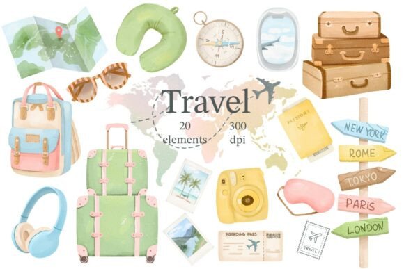 Travel Watercolor Clipart & Vacation PNG