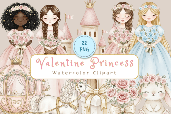 Valentine Princess Watercolor Clipart