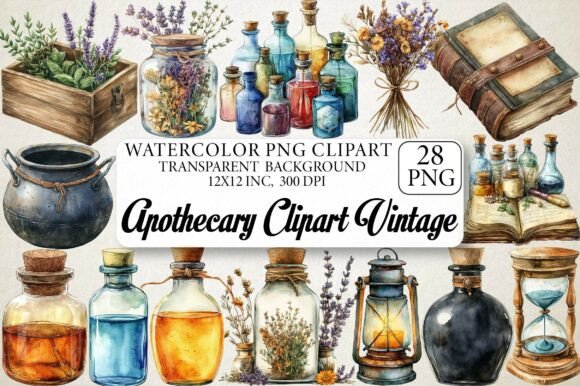 Watercolor Apothecary Clipart Vintage for Modern Branding
