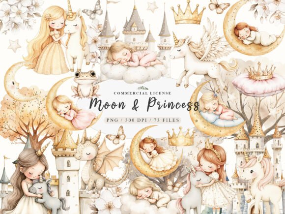 Watercolor Baby Dreamy Princess Moon PNG