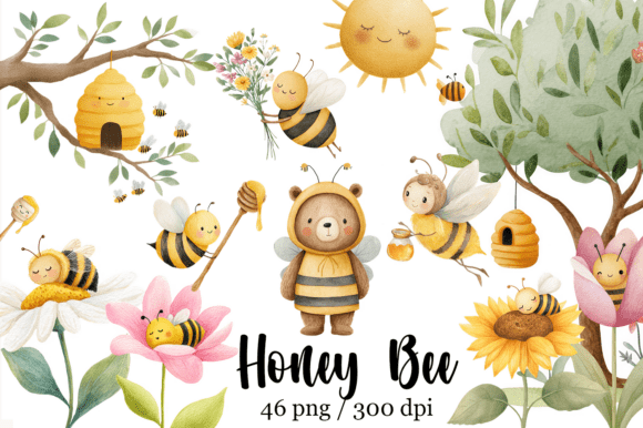 Watercolor Bee and Honey Clipart for Design
