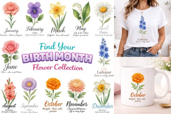 Watercolor Birth Month Flowers Clipart for Creatives