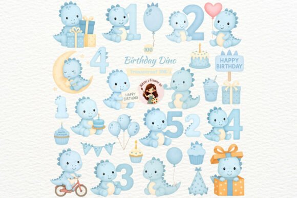 Watercolor Blue Birthday Dino Clipart for Creative Projects