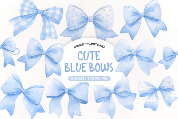 Watercolor Blue Bows PNG Bundle