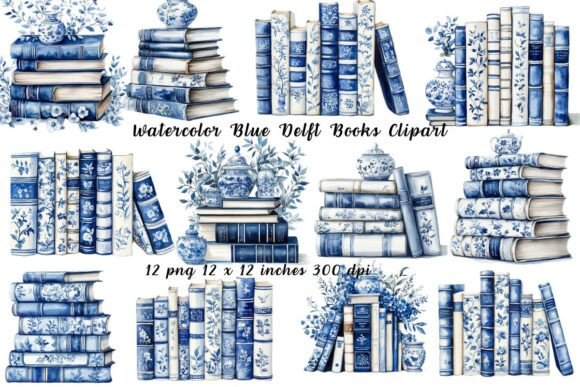 Watercolor Blue Delft Books Clipart: Vintage Charm for Modern Design