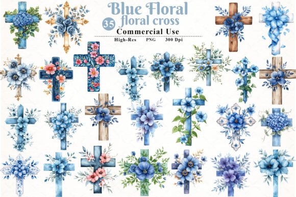 Watercolor Blue Floral Cross Clipart