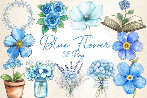 Watercolor Blue Flower Clipart for Design Projects