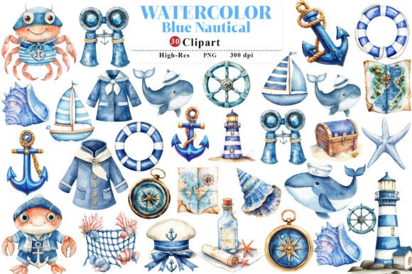 Watercolor Blue Nautical Clipart Bundle