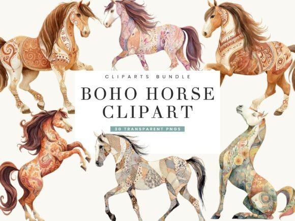 Watercolor Boho Horse Clipart for Branding & Design