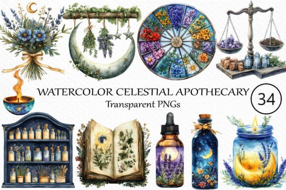 Watercolor Celestial Apothecary Clip Art