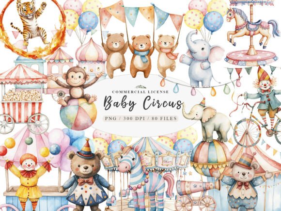Watercolor Cute Baby Circus Animals PNG Guide