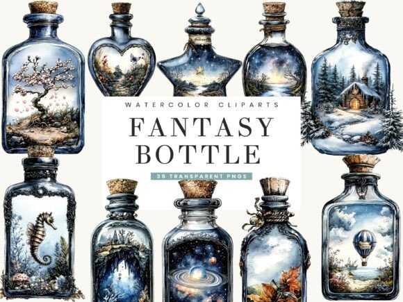 Watercolor Fantasy Bottle Clipart Bundle