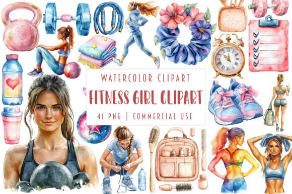 Watercolor Fitness Girl Clipart Bundle for Modern Branding
