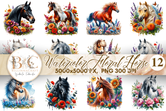 Watercolor Floral Horse Clipart Bundle for Creatives