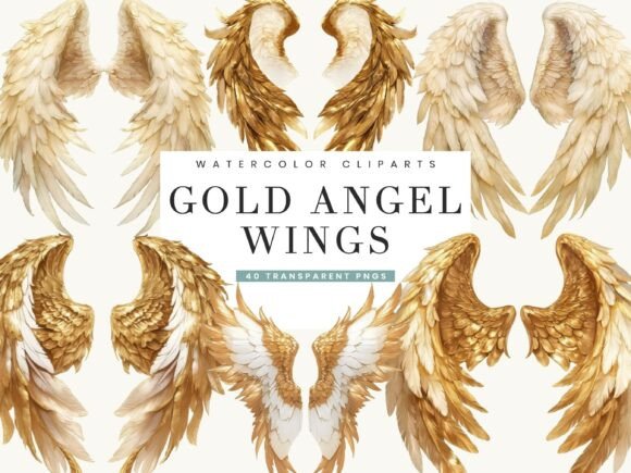Watercolor Gold Angel Wings Clipart for Designers