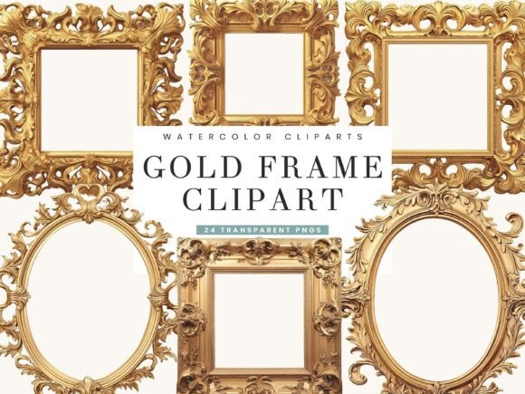 Watercolor Gold Frame Clipart Bundle