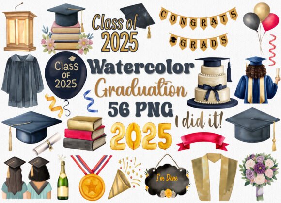Watercolor Graduation Clipart Set: Design Assets That Celebrate Achievement