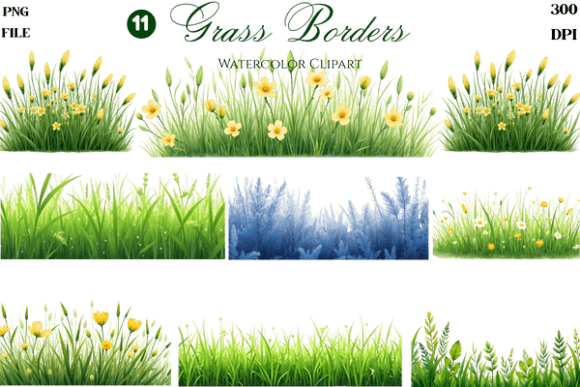 Watercolor Grass Borders Clipart Bundle