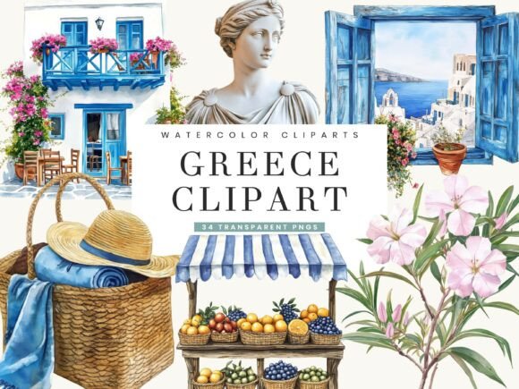 Watercolor Greece Clipart Bundle
