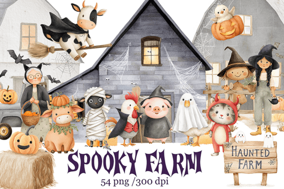 Watercolor Halloween Farm Clipart for Design Pros