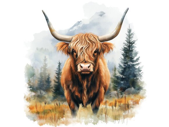 Watercolor Highland Cow Clipart