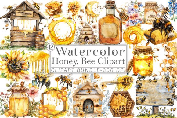 Watercolor Honey and Bee Clipart: Design Assets with Real Buzz