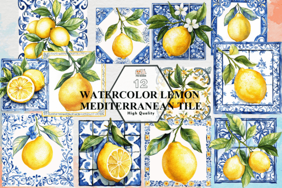 Watercolor Lemon Mediterranean Tile PNG