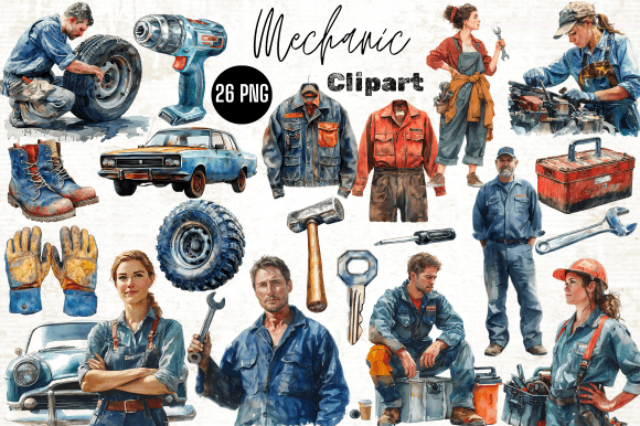 Watercolor Mechanic Clipart: Artisan Meets Industry