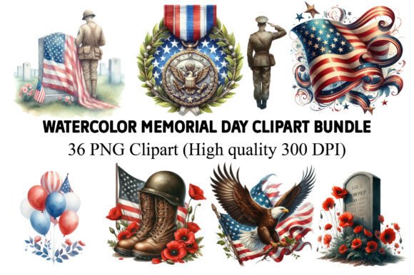 Watercolor Memorial Day Clipart Bundle