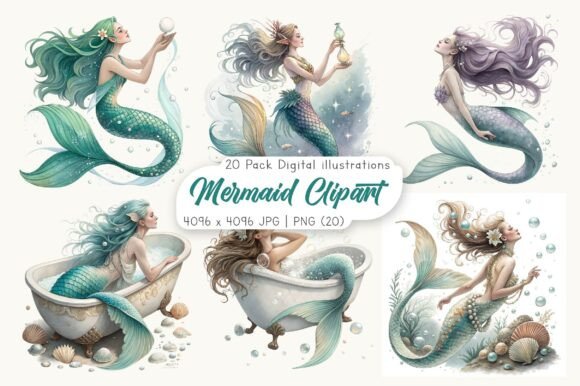 Watercolor Mermaid Clipart Bundle for Creative Projects