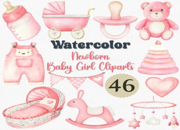 Watercolor Newborn Baby Girl Clipart Set