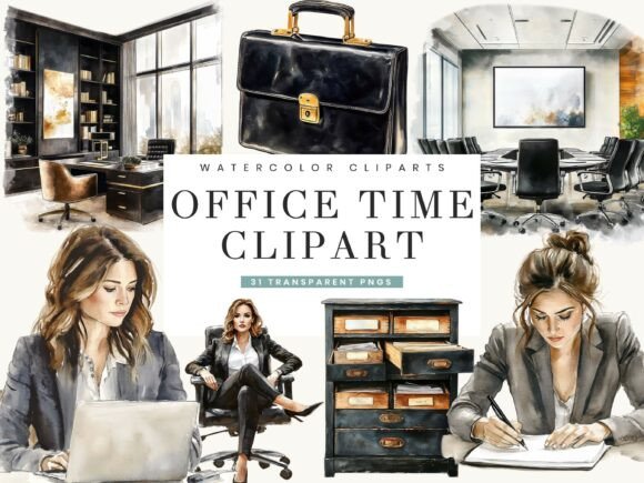 Watercolor Office Time Clipart Bundle for Creative Projects
