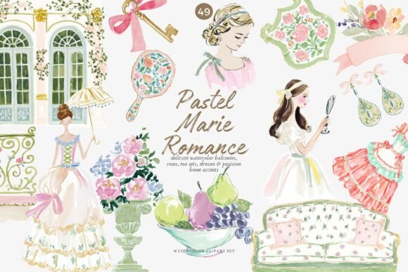 Watercolor Pastel Rococo Clipart Set