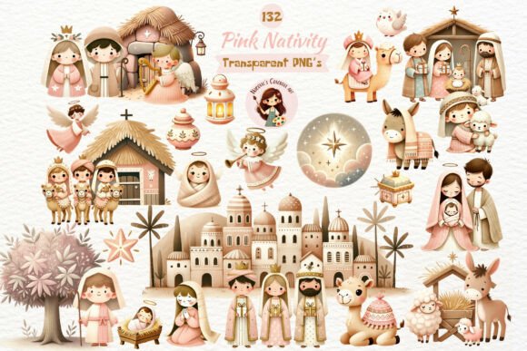 Watercolor Pink Nativity Scene Clipart